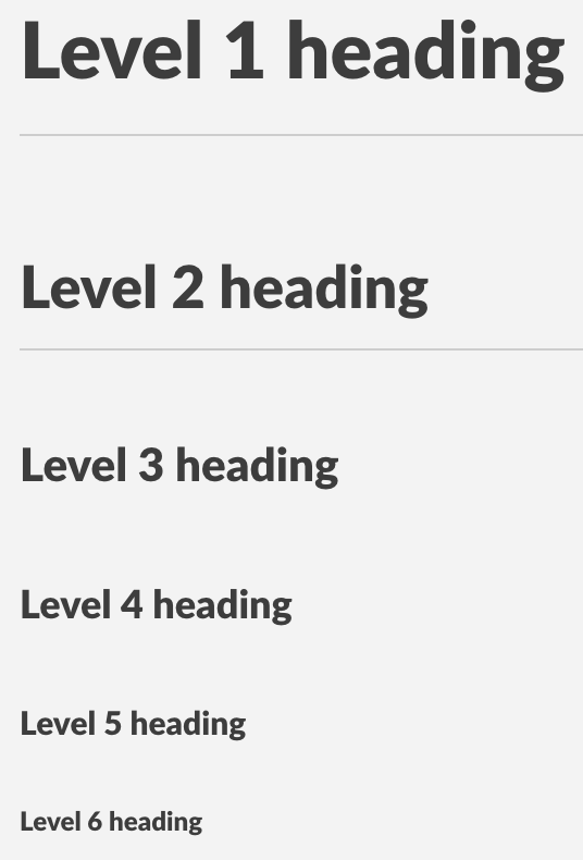 A screenshot of the six Markdown heading levels